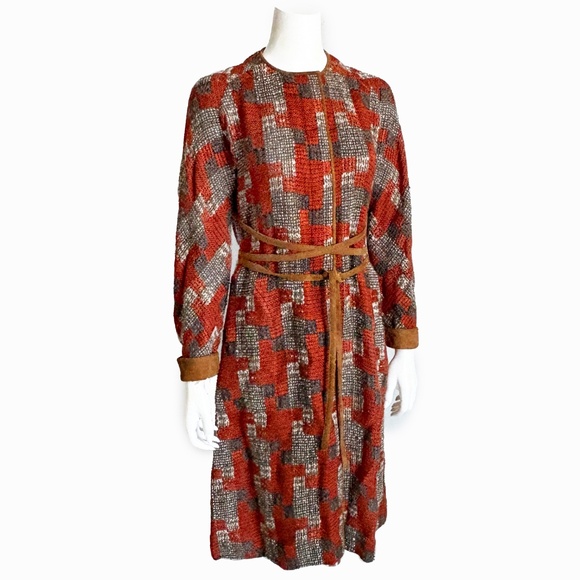 Bonnie Cashin for Sills Coat Abstract Tweed Knit Suede Trim Tie Wrap Waist 60s - Picture 5 of 10